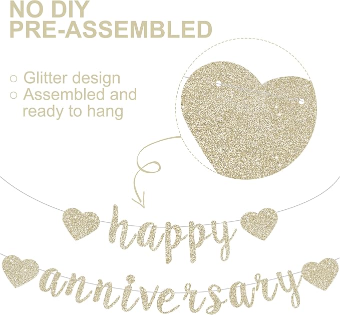BEISHIDA Glitter Pre-Strung Champagne Happy Anniversary Banner Decoration | NO - Image 2