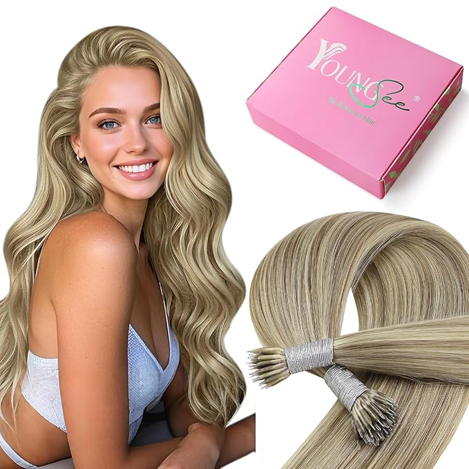 YoungSee Nano Ring Hair Extensions Highlight Nano Extensions Human Hair Light Brown Highlight Platinum Blonde Nano-Ring Extension Natural Looking Pre Bonded Human Hair 16in 50s 50g