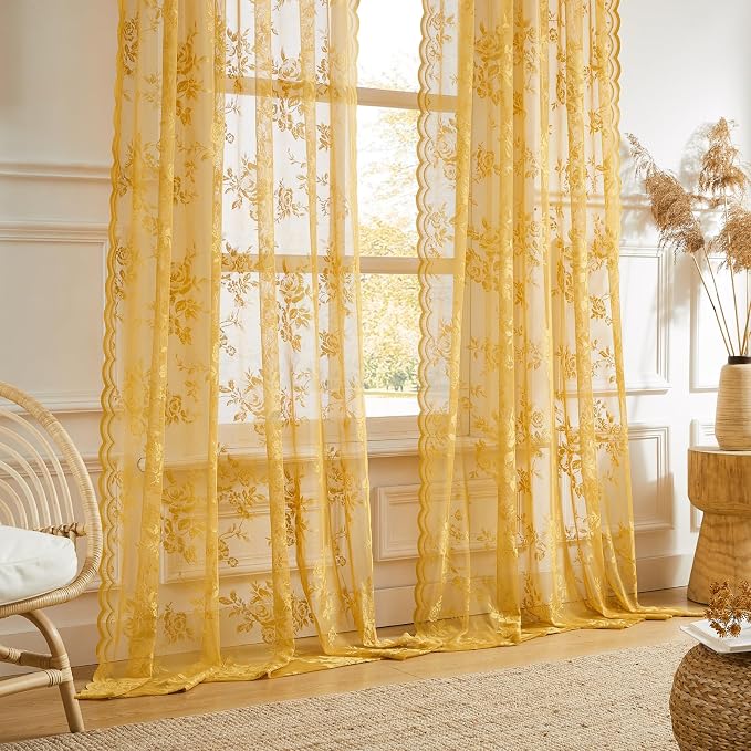 Yellow Lace Curtains 96 Inches Long 2 Panels Country Gold Flower Sheer Curtains - Image 2