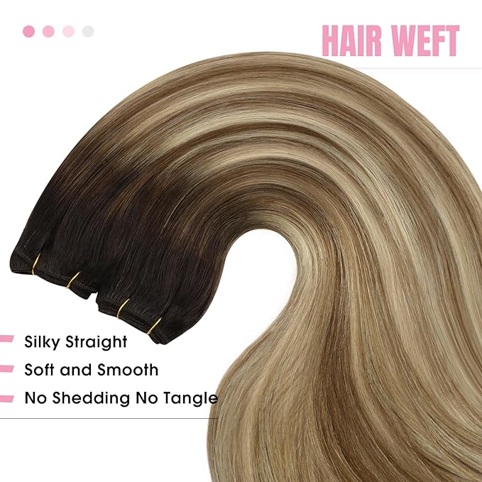 YoungSee 100g Weft Hair Extensions Human Hair Balayage Brown Human Hair Sew in Extensions Darkest Roots to Medium Brown with Blonde Hand Tied Weft Hair Extensions Straight Hair 14inch