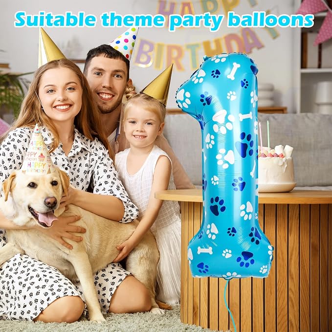 40 Inch Blue Dog Paw Birthday Balloons, Number 1 Balloons - Image 3