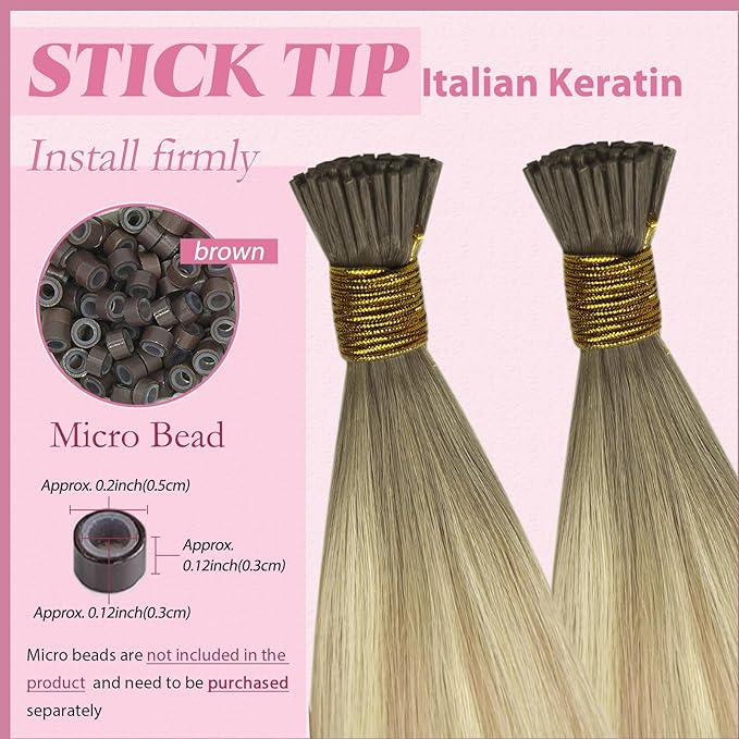 YoungSee Itip Hair Extensions Real Human Hair Ombre I Tip Hair Extensions Human Hair Ash Blonde to Platinum Blond Balayage I Tip Hair Extension 20 Inch 50g 50s Pre Bonded Hair Extension