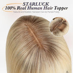 starluck Human Hair Toppers for Women Real Human Hair With Bangs 4 * 5.5 inch Base 12 inch SilkHug Topper for Women with Thinning Hair Cover Grey Roots(Ombre Light Blonde)