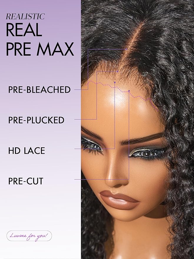 LUVME HAIR 5X5 Kinky Curly 200% Human Hair Wigs Glueless Lace Front 20 Inches Pre Cut Plucked Hd Lace Wig Ready To Go Natural Color Flexi-Fit Drawstring Cap Bleached Knots Black Wigs