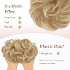 FESHFEN Messy Bun Hair Pieces - Large Wavy Curly Elastic Hair Bun Scrunchies Ponytail Extensions Synthetic Chignon Hairpieces for Women, Dark Golden Mix Beige Blonde 1.94oz