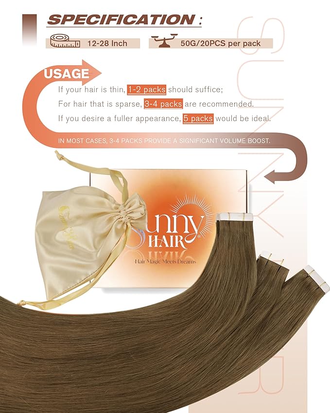 Sunny Hair Tape in Hair Extensions Real Human Hair Invisible Remy Hair Extensions Tape ins for Women Light Brown 24 inch 20Pcs