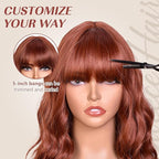 Bob Wig With Bangs Wave Wigs for Women 14 Inch Short Loose Wavy Heat Resistant Synthetic Wig Shoulder Length Hair for Daily and Cospaly Party Use (Auburn)