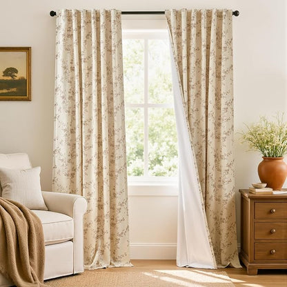 Extra Long Floral Linen Curtains Taupe on Beige 50×108 2 Panels | Elisa Series by Lazzzy