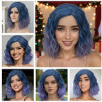 BUFASHION 14" Women Short Ombre Light Blue Kinky Straight Cosplay Synthetic Wigs With Air Bangs 46 Colors Available (Ombre Light Blue 1)