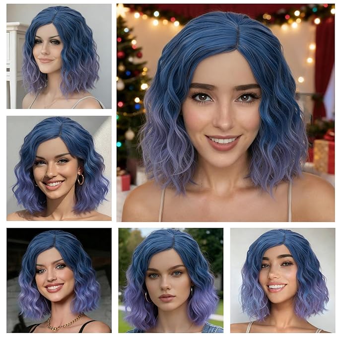 BUFASHION 14" Women Short Ombre Light Blue Kinky Straight Cosplay Synthetic Wigs With Air Bangs 46 Colors Available (Ombre Light Blue 1)