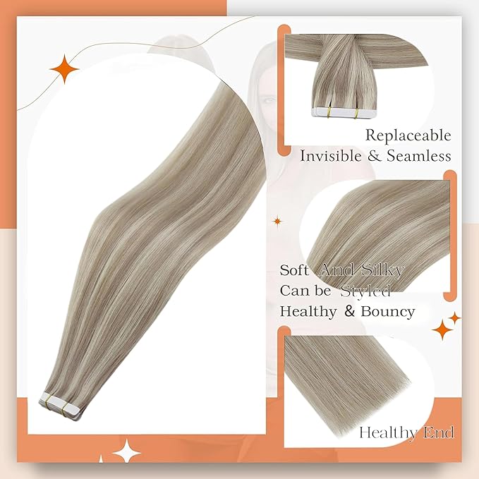 Full Shine Tape in Remy Hair Extension Color 18 Ash Blonde Highlighted 613 Bleach Blonde Hair Extensions Tape ins 14 Inch Double Sided Skin Weft Tape ins Human Hair Extensions 50g Seamless Hair 20Pcs