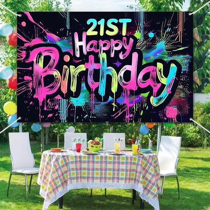 HOMETITUTE Neon 21st Happy Birthday Banner 71x43 Inch Paint Splatter Glow in - Image 6