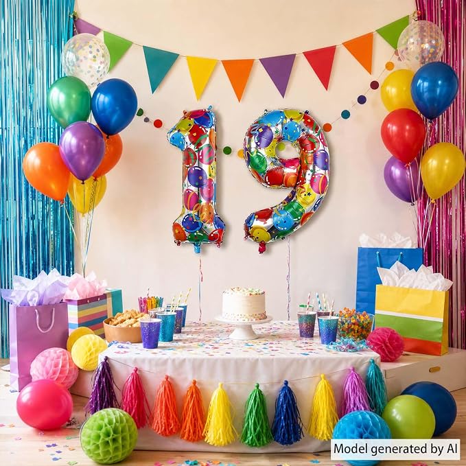 40 Inch Rainbow Balloon Number 19 Balloons, Foil 19th Birthday Decor | Jumbo - Image 3