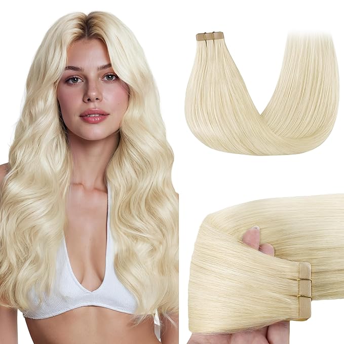 GOO GOO Tape in Hair Extensions Human Hair, 1000 Pure Platinum Blonde, 16inch 50g 20pcs, Skin Weft Seamless Invisible, Silky Straight with Thick Ends, Remy Human Hair