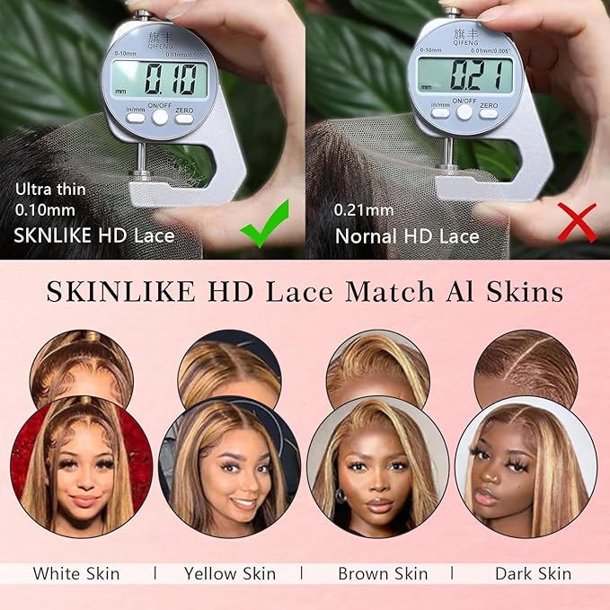 13x4 Full Lace Frontal Wig Highlight Ombre Honey Blonde Wig Human Hair Skinlike Swiss HD Lace Wig Pre plucked Bleached Knots with Natural Hairline 200% Density Glueless Body Wave Lace Front Wigs