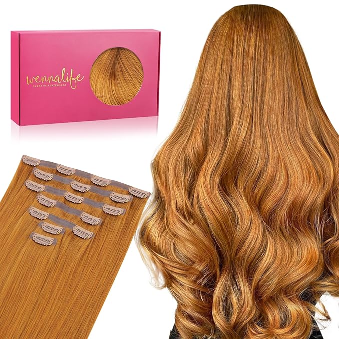 WENNALIFE Seamless Clip In Hair Extensions Human Hair, 20 Inch 150g 7pcs Auburn Ginger Real Hair Extensions Clip in Human Hair Invisible PU Skin Weft Natural Remy Human Hair Extensions
