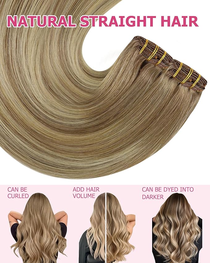 YoungSee Balayage Clip in Human Hair Extensions Light Brown Real Hair Extensions Clip in Human Hair Ombre Light Brown Mix Blonde Balayage Easy to Wear Clip ins Extensions for Women 120G 16In 7Pcs