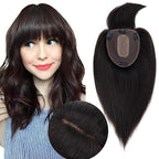 Hair Toppers for Women Real Human Hair With Bangs, 13 * 15 cm Larger Silk Base 150% Density Clip In Topper Hairpieces, Wiglet Top Pieces Add Volume -14 Inch 01B Natural Black