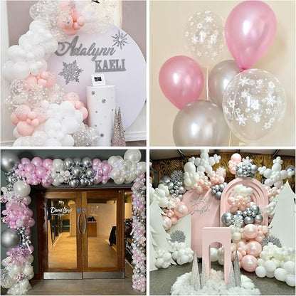 HILAVO Pink and Silver Balloons 12 Inch Winter Onederland Snowflake Balloon - Image 5