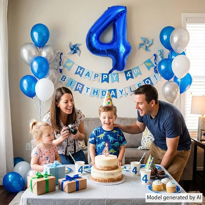 Navy Blue Number 4 Balloon 40 Inch, Shiny Metallic Numeral Party Supplies | - Image 3