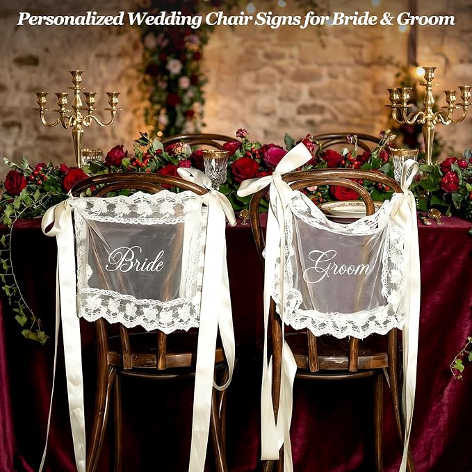 2 Pcs Personalized Sheer Lace Wedding Chair Sign - Image 3