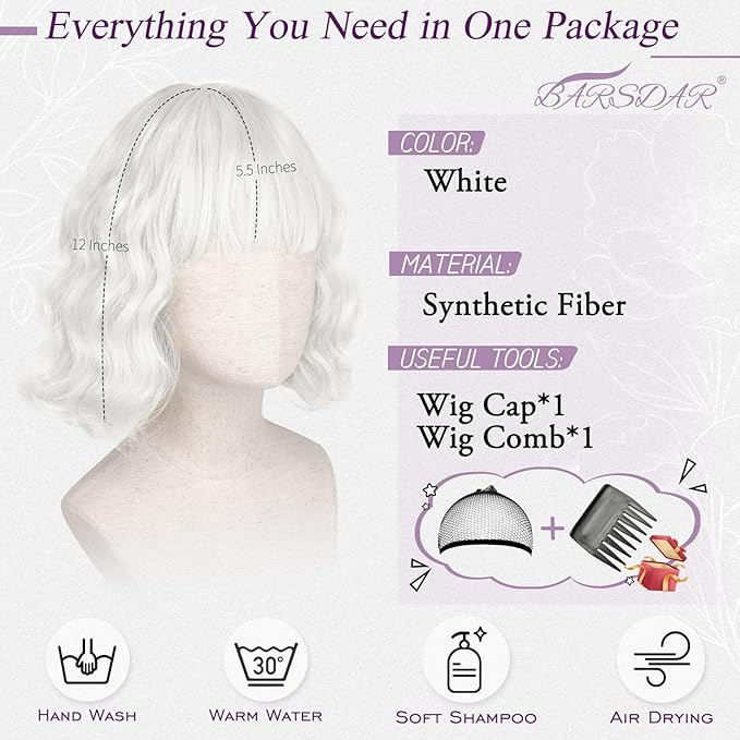 BARSDAR Short Wavy White Wig with Bangs - Short White Bob Wigs for Women - Curly Wavy Textured French Bob Wig with Bangs Soft Synthetic Natural Looking Face-Framing Daily Party Halloween