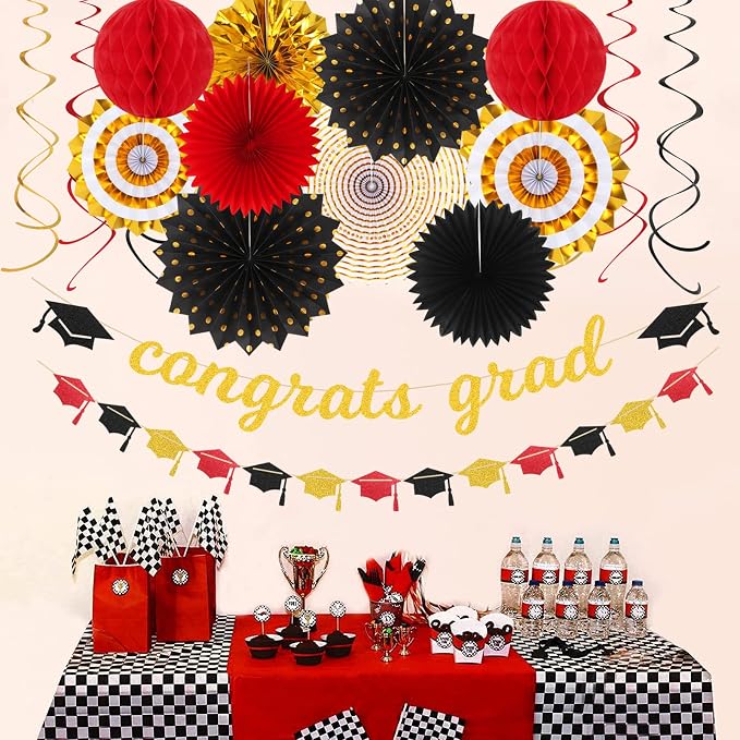 Red-Black Gold Party-Decorations Graduation Banner-Streamers - Image 4