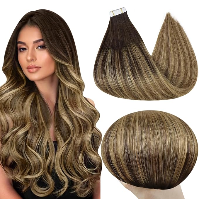 Full Shine Tape in Extensions Real Human Hair 22 Inch Balayage Color 2 Brown Ombre 8 Ash Brown and 27 Blonde Double Sided Adhesive Tape Straight Remy Hair Invisible Seamless for Women 20 Pcs 50 Grams