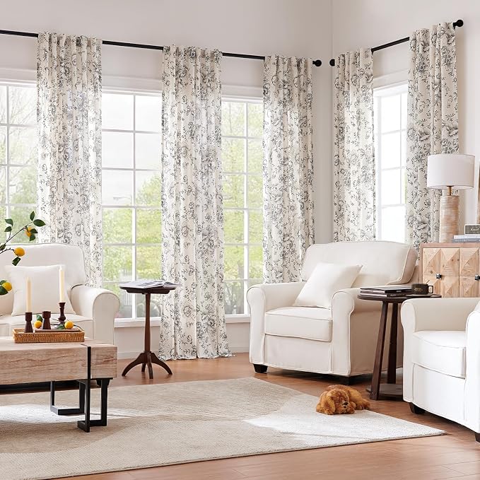 jinchan Black Floral Linen Curtains 120 Inch Farmhouse Back Tab 2 Panels | - Image 2