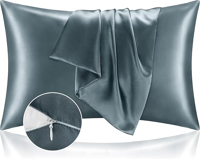 BEDELITE Satin Pillowcase with Zipper 2 Pack, Space Grey Pillow Cases Standard Size, Super Soft and Cooling Similar to Silk Pillow Cases, Gift for Women Men(20x26 Inches)