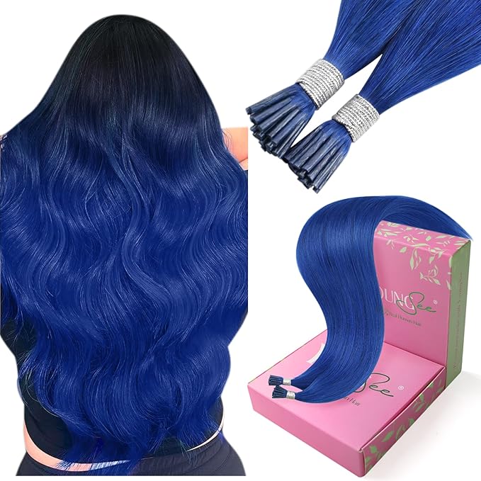 YoungSee I Tip Hair Extensions Human Hair Blue I Tips Hair Extension Blue 18 Inch Color Itips Extension Pre Bonded Remy Hair I-Tips Hair-Extensions Hold Well for Party 30s 25g