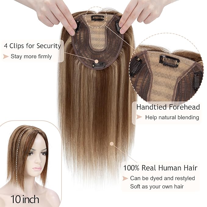 Hair Toppers for Women Real Human Hair No Bangs, 13 * 15 cm Larger Silk Base 150% Density Clip In Topper Hairpieces, Wiglet Top Pieces Add Volume -12 Inch 4P27 Medium Brown&Dark Blonde