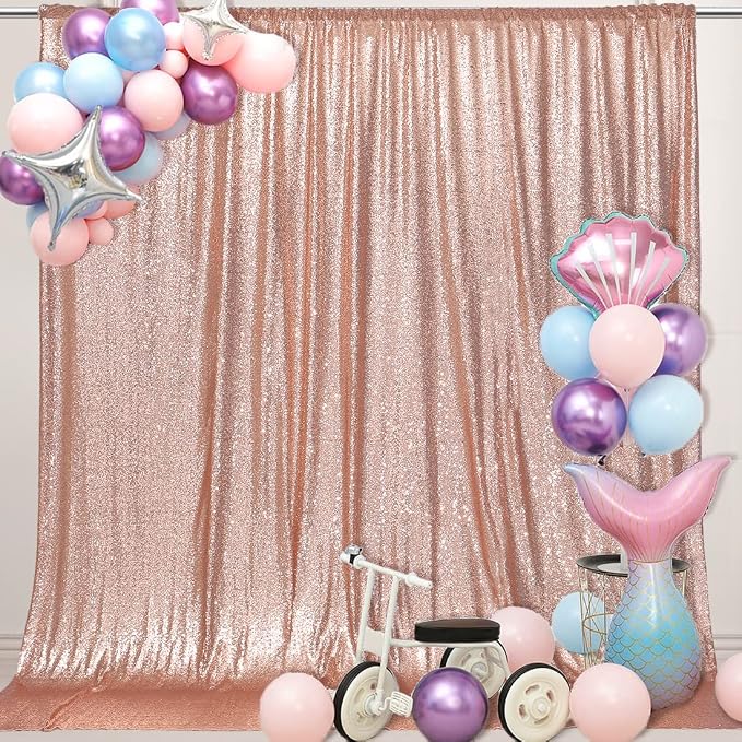 PartyDelight Rose Gold Sequin Backdrop 6x8ft Sparkly Photo Curtain | 4 Inch Rod by PartyDelight