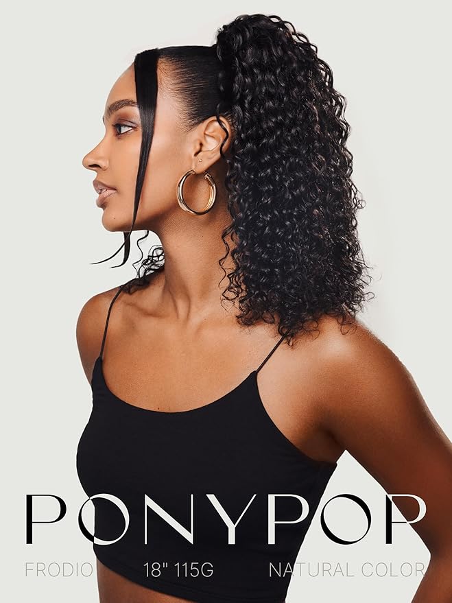 Frodio Clip in Ponytail Extension Human Hair for women 22 Inches Long Water Wave Curly Extension Ponytail Natural Color