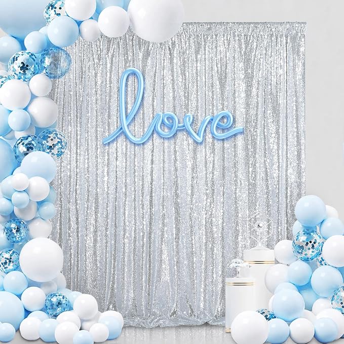Silver Sequin Backdrop 7ft x 7ft Glitter Photo Booth Backdrop Curtains | - Image 3