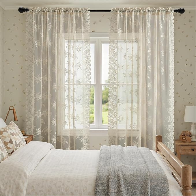 Kotile Beige Floral Sheer Curtains - Image 6