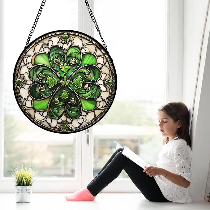 DASTOLL Stained Glass Window Hanging St. Ripak Festival Green Lucky Clover 9.8" - Image 3