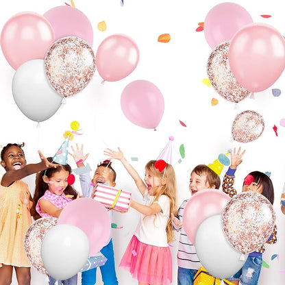 Pink White Balloons, 12 Inch Metallic Pink Latex Balloons Rose Gold Confetti - Image 6