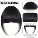 Clip In Bangs for Women, Natural Black French Bangs Hair Clip with Temples, 100% Real Human Hair Layered Curved Fringe for Halloween and Daily Use(Natural Black, French Bangs)