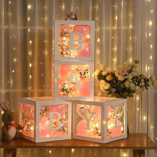 Baby Shower Balloon Box Decorations, 4 Pack Led Fairy String Lights and 40 Pcs by Meonum