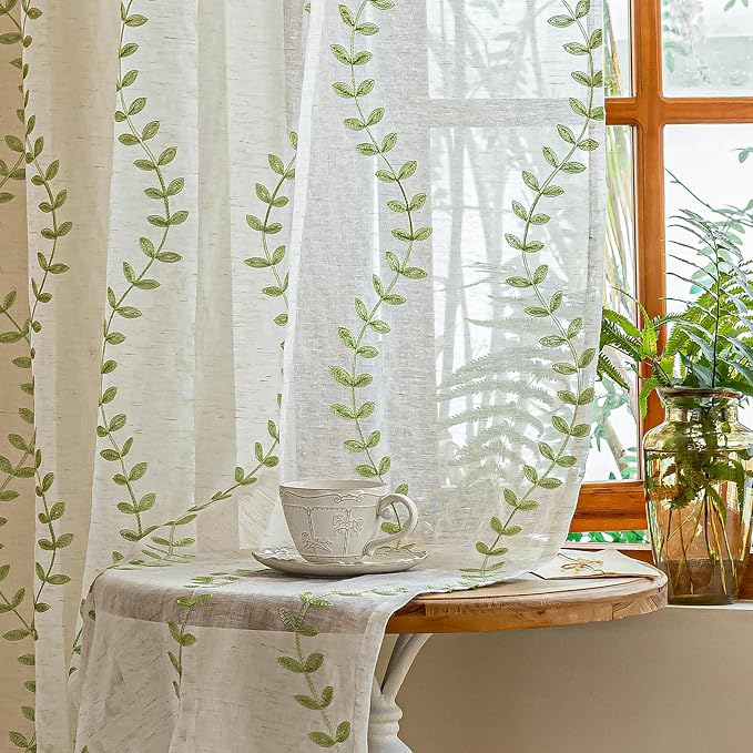 2 Panels Linen Leaf String Floral Embroidered Semi Sheer Curtain Farmhouse by AmHootextile