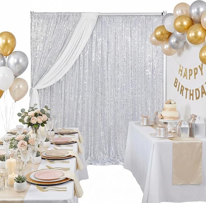 Silver Sequin Backdrop Curtains 2 Pcs 5ftx8ft Sparkle Backdrop Drapes | Glitter - Image 6