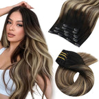 Moresoo Clip in Hair Extensions Real Human Hair Balayage Black to Dark Brown with Caramel Blonde 5pcs 80g Remy Straight Invisible Lace Double Weft Human Hair Clip in Extensions 20inch