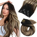 Moresoo Balayage Hair Extensions Clip ins Natural Black to Brown with Honey Blonde Clip in Real Human Hair Ombre Black to Blonde for Women Remy Human Hair Long Full Head 80g/5pcs 18 inch