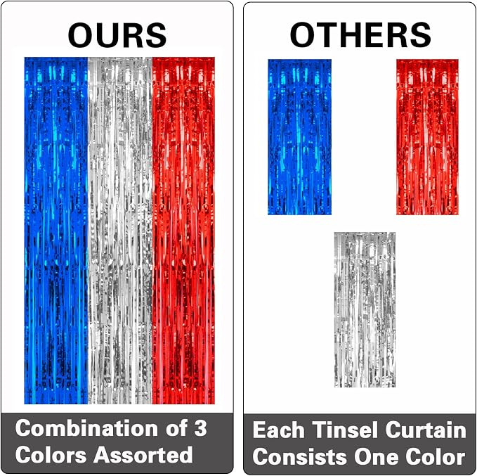 PIGETALE, 2 Pack 3.2 x 8.2 ft Red White and Blue Foil Fringe Backdrop Curtain - Image 5