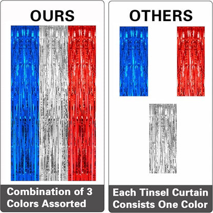 PIGETALE, 2 Pack 3.2 x 8.2 ft Red White and Blue Foil Fringe Backdrop Curtain - Image 5