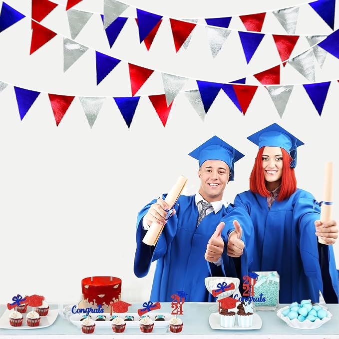 Red Blue Silver Party Decorations Metallic Fabric Triangle Pennant Banner Flag - Image 4
