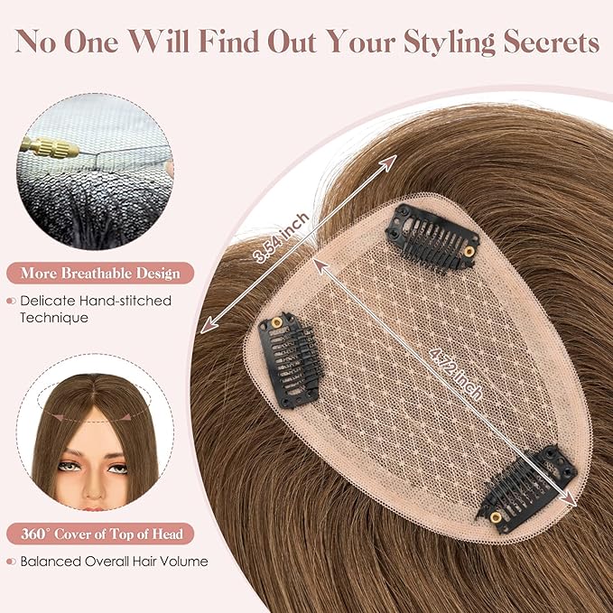 Hairro Human Hair Toppers Free Parted, 3.5x4.7" Base Hand-wovened 100% Real Hairpieces, with Invisible Clips-in for Women, for High Hairline/Adding Volume on Top, 16 Inch Mocha Brown