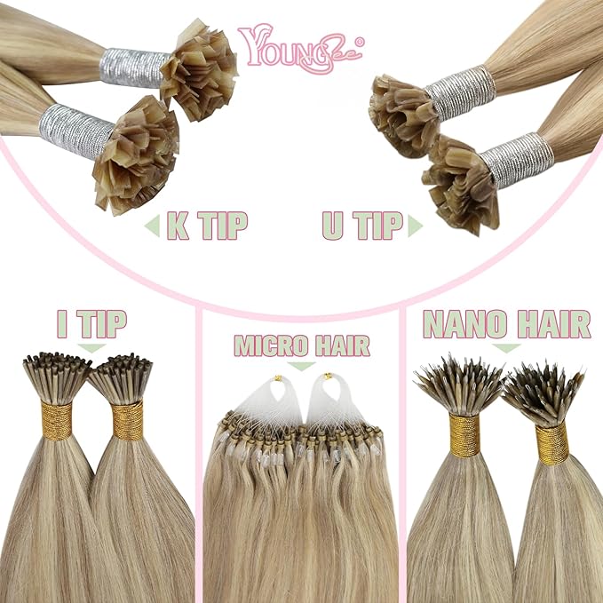 YoungSee K Tip Hair Extensions Human Hair Blonde Highlight Ktip Human Hair Extensions Golden Blonde Highlight 18inch 50s/50g