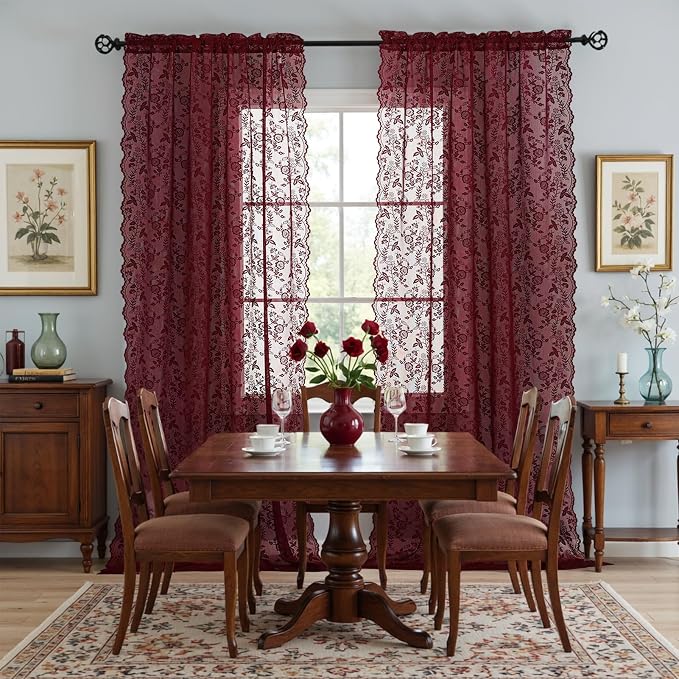Burgundy Sheer Curtains for Bedroom Rustic Floral W42 x L54 Inch, 2 Panels | - Image 8